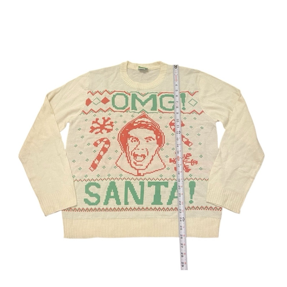 Elf Ugly Christmas Sweater Women's L Ivory Green Red "OMG! Santa" Crewneck - Picture 4 of 6